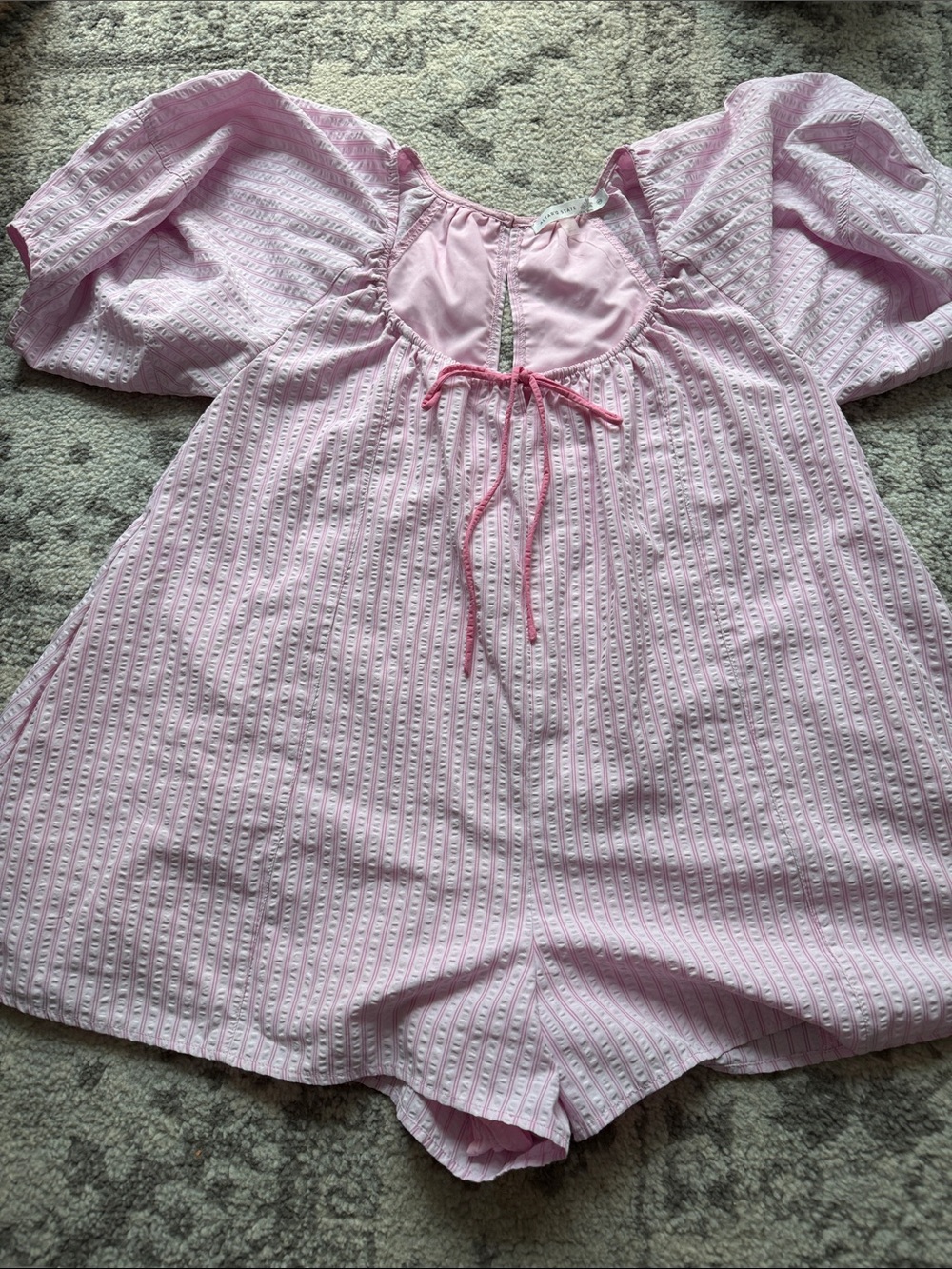 Pink Puff-Sleeve Seersucker Romper